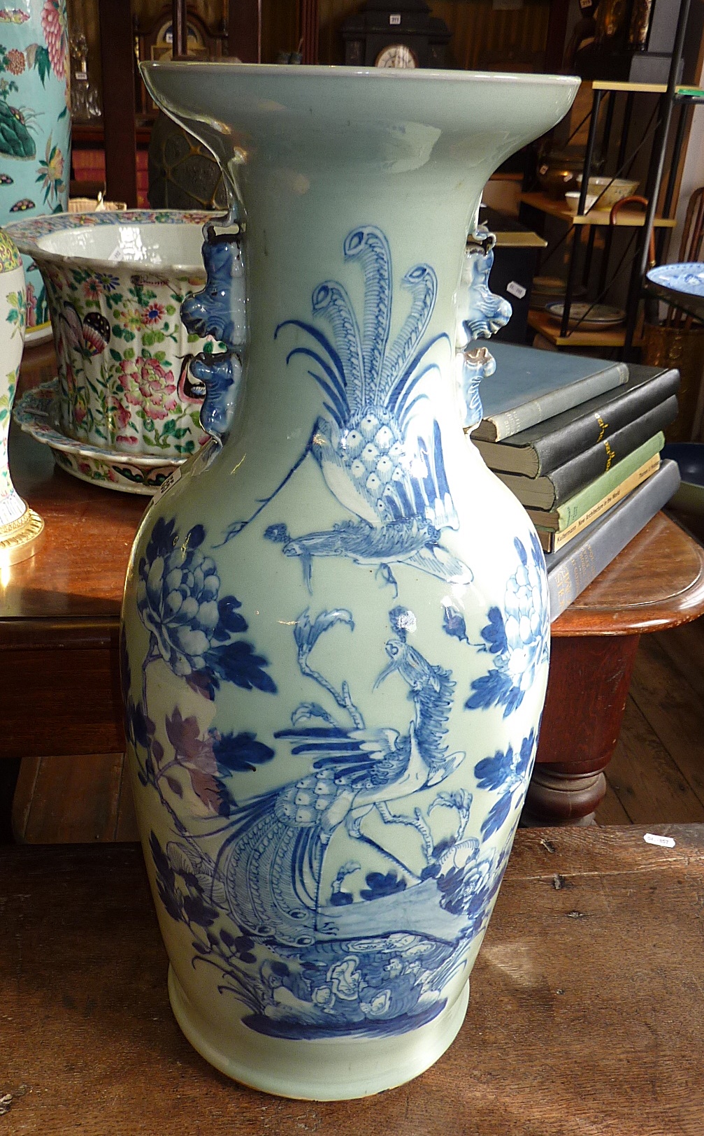 Large Chinese blue and white Celadon vase with birds and phoenix decoration, 59cm, (chip to rim)