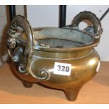 Chinese Qing bronze censer with dragon handles and tripod feet and impressed Xuande character
