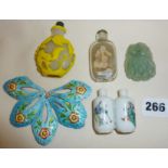 Peking glass and other Chinese snuff bottles, Cloisonne enamel petals, etc.