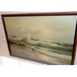 Large oil on canvas of a beach with breaking surf, signed Schubert, c. 1960s