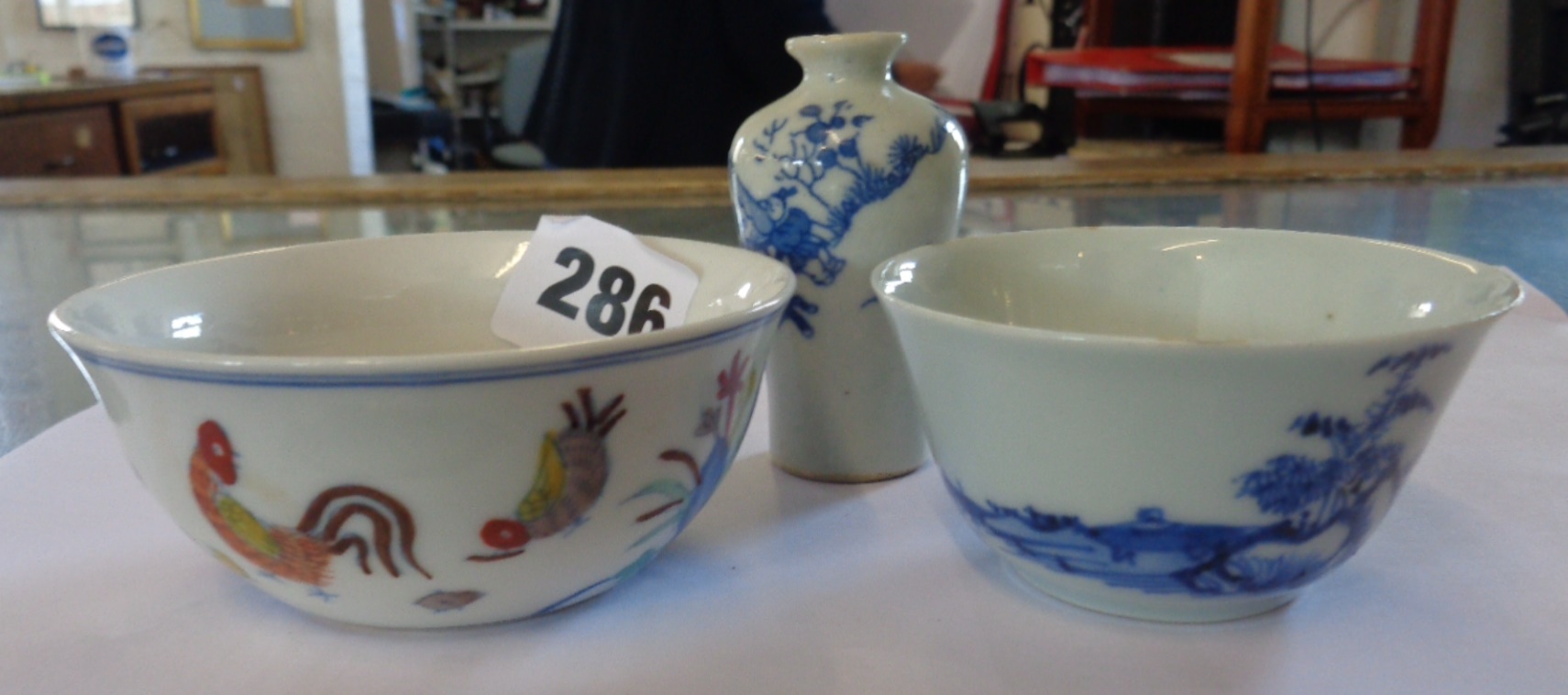 18th c. Chinese blue and white porcelain tea bowl, another with painted chickens, and a miniature - Image 4 of 5