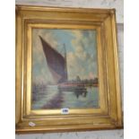 Oil on canvas of a sailing barge titled verso "Burch Peter on the Bure" signed J.J.White