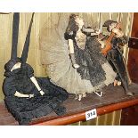 Victorian fabric doll purse and 1930s Spanish Flamenco dancing doll couple