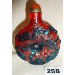 Chinese overlay glass snuff bottle decorated with cranes and other birds, signed to base, approx 4.