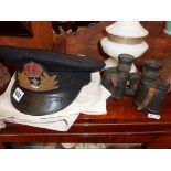 Vintage WW2 Royal Navy cap and badge, sailor's canvas bags, and pair of Kershaw binoculars