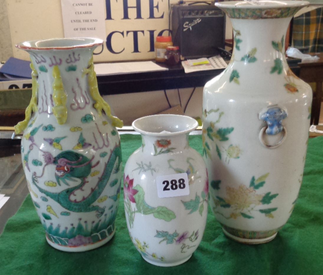 Three various Chinese famille rose porcelain vases (tallest one is 27cm) - Image 2 of 5