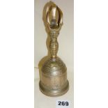 Bronze Buddhist ritual or temple bell, with Vajra handle, heavy and engraved with Japanese