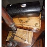 Victorian Tunbridge ware box (A/F), leather covered casket with key and another box