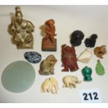 Chinese and other small carved figures, bronze figure, malachite pendant, jade? disc, buddha, etc.