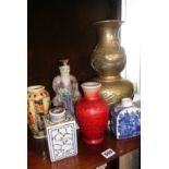 Chinese porcelain figure, a red vase, two blue & white caddies, a large brass vase, and another
