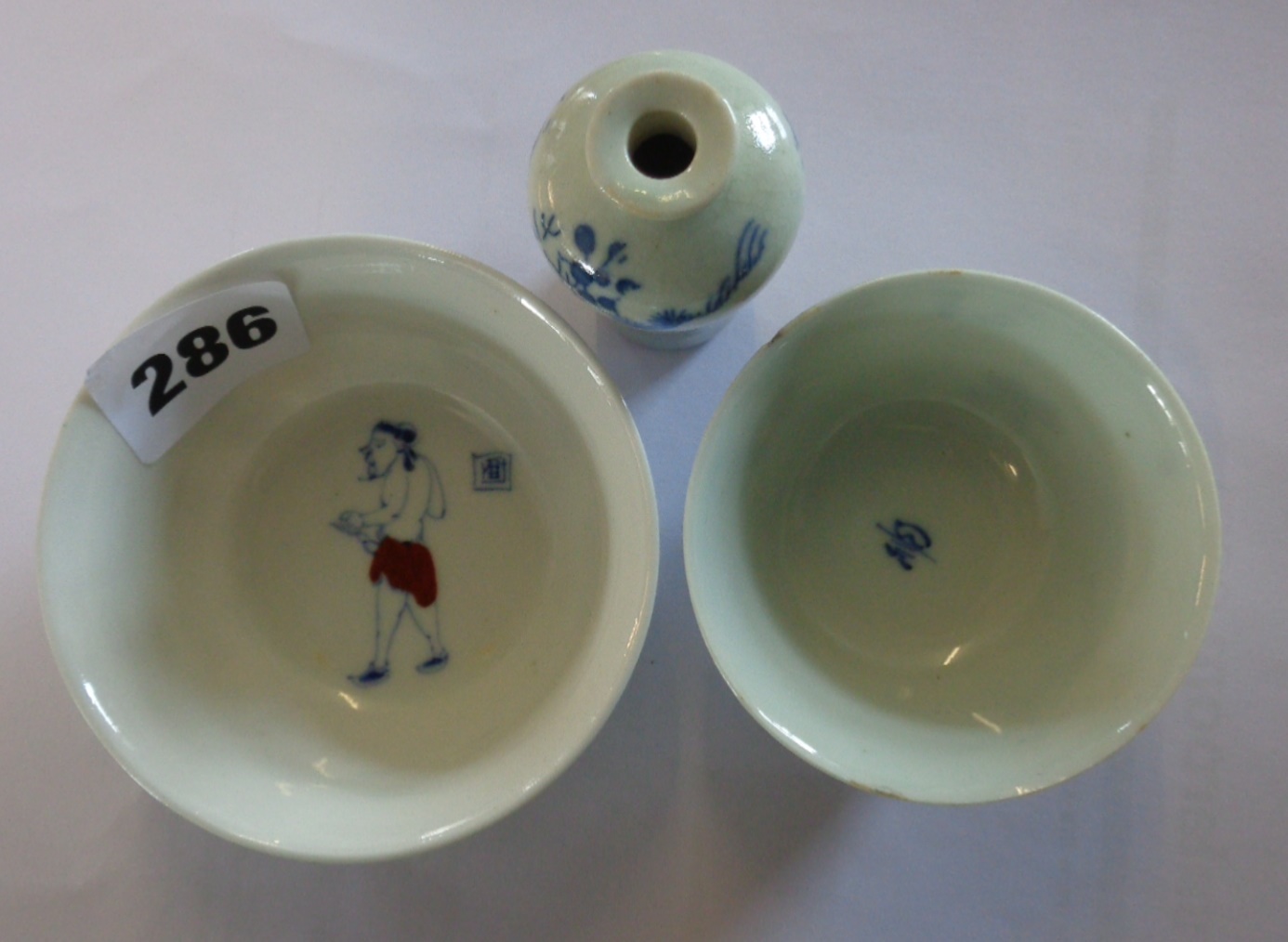 18th c. Chinese blue and white porcelain tea bowl, another with painted chickens, and a miniature - Image 2 of 5