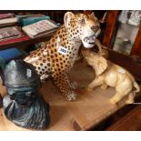 Italian 'Ronzan' china leopard (A/F), a bronzed plaster bust and a resin African elephant