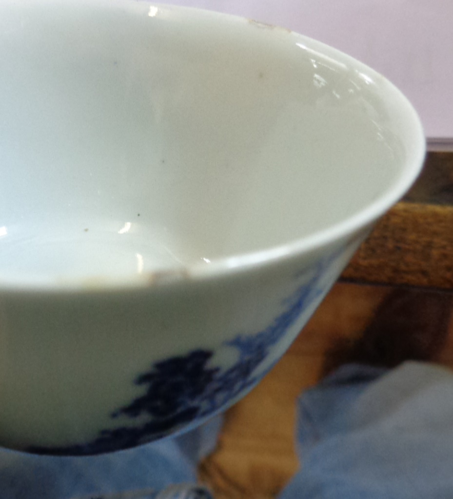 18th c. Chinese blue and white porcelain tea bowl, another with painted chickens, and a miniature - Image 5 of 5