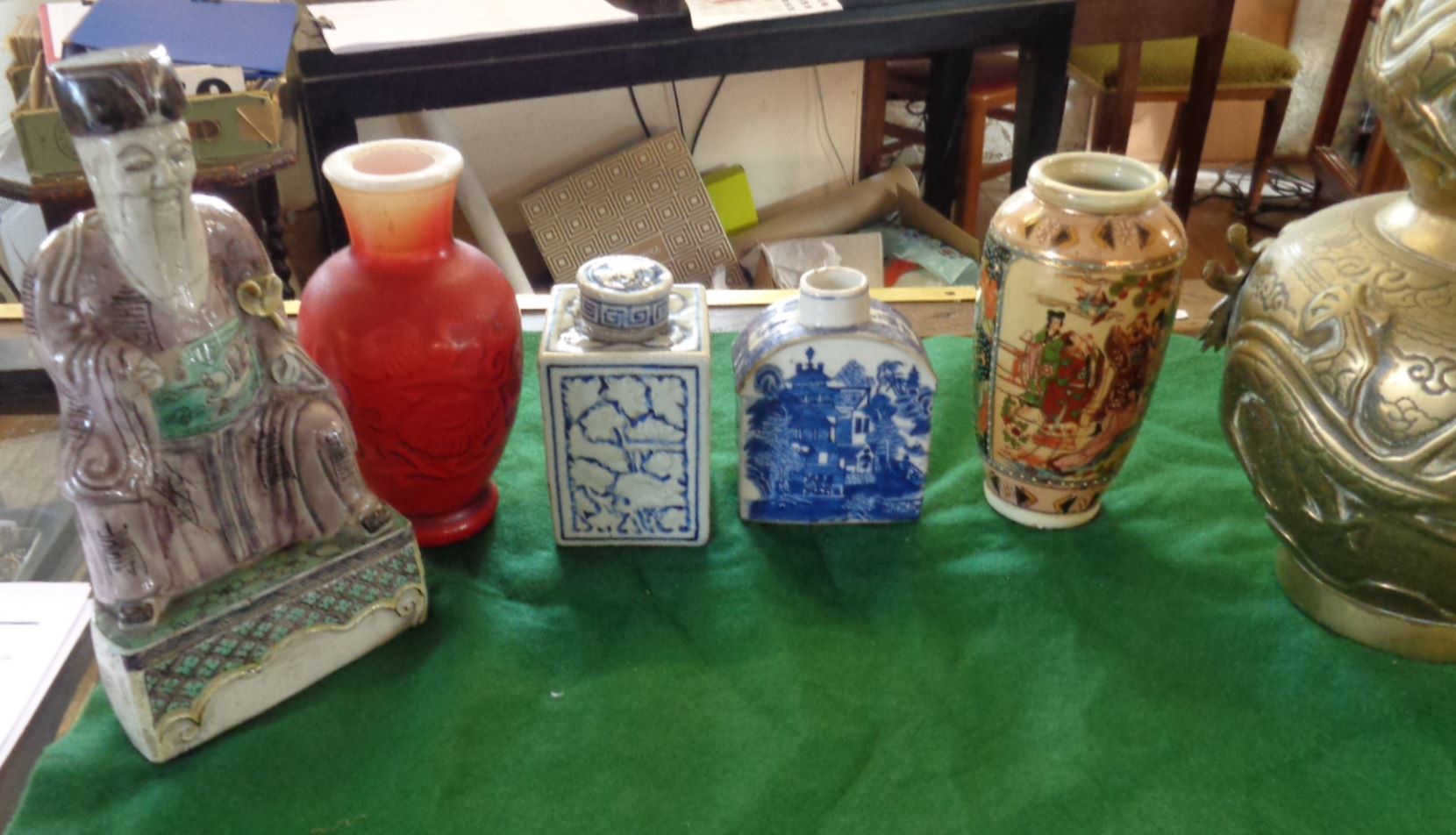 Chinese porcelain figure, a red vase, two blue & white caddies, a large brass vase, and another - Image 2 of 11