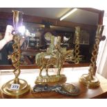 Pair of Victorian brass double barley twist candlesticks, a brass fireplace ornament of a '