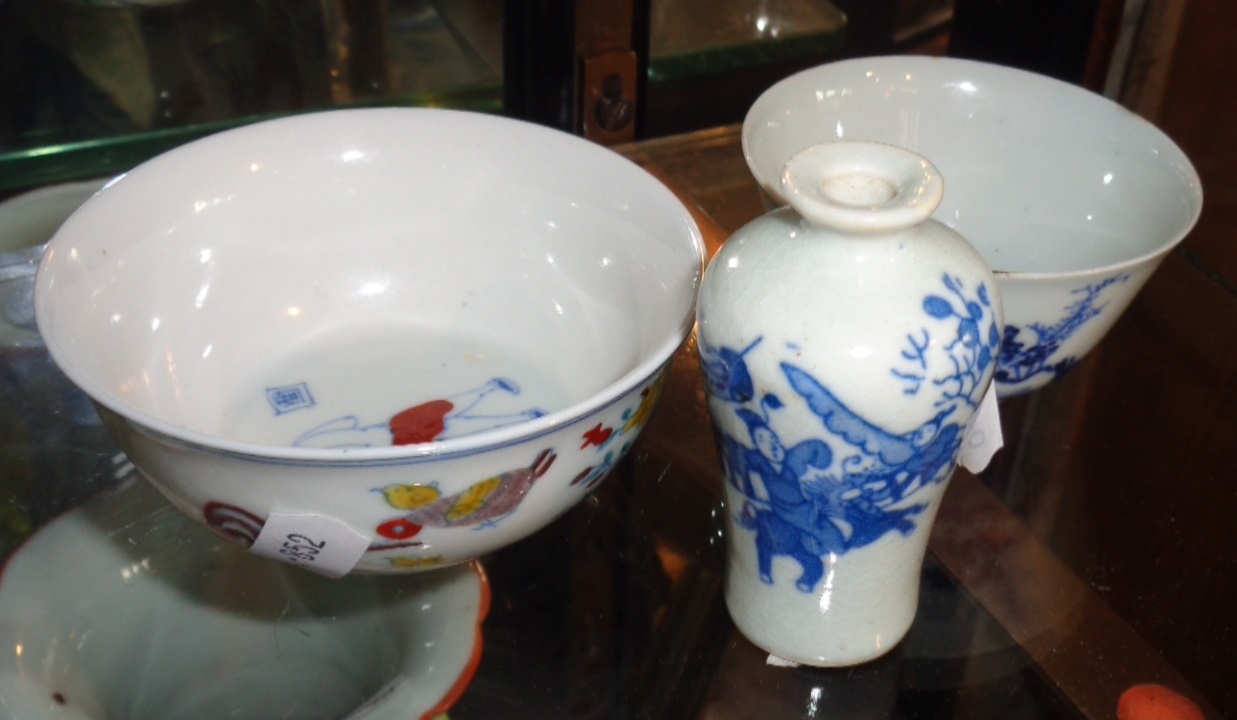 18th c. Chinese blue and white porcelain tea bowl, another with painted chickens, and a miniature