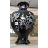 Large Oriental black lacquered metal vase with mother-of-pearl inlay decoration
