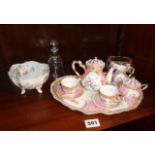 Child's miniature toy teaset on tray, crystal bell etc