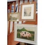 Primitive oil on board of a Gloucestershire Old Spot pig with Colmers Hill, Bridport in the