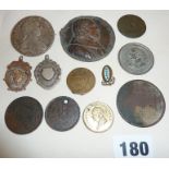 Old coins and tokens, gold on silver fob medals, 1753 John Powell calendar medal, 1898 South African