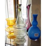 Three Scandinavian or Danish modern coloured retro glass vases and similar decanter