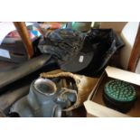 Two WW2 gas masks, pair WW2 leather gaiters, a 1953 naval deck hat and an army bedroll