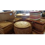 Seven various basket-work sewing boxes with contents