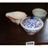 An antique Chinese porcelain libation cup, a blue & white teabowl with cover, and another
