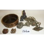 Indian bronze pot, wirework printing stamps on chain, miniature bronze buddhas, bronze monkey and