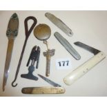 Advertising pocket knives etc, Purple Clematis footwear button hook, J.G. Graves Express Pocket