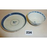 Worcester blue and white porcelain tea bowl and saucer with crescent marks under (A/F)