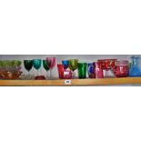 Large quantity of coloured glass, inc., Bristol green and blue wine glasses, two Carnival glass