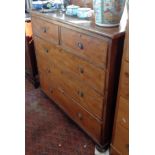 19th c. mahogany chest of drawers (2 over 3) with brass ring handles and standing on bun feet, 41"