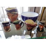 Royal Doulton character jug 'Granny', four smaller character jugs and a Royal Doulton flo-blue and