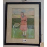 Primitive watercolour portrait of a girl tennis player by H. Jackson, 17" x 14" inc. frame