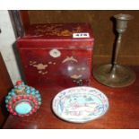 Chinese lacquered tea caddy, Chinese bronze candlestick, enamel pin tray and an ornate snuff bottle