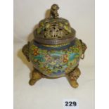 18th c. Chinese Cloisonné pot with lid, decorated with mythological creatures - dragons, dogs of Fo,