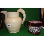 19th c drabware ale jug with lion handle and classical relief motifs, together with a 19th c