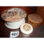 Prattware pot lid and base "The Village Wedding", another ointment pot and a wooden similar