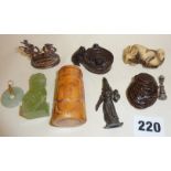Carved netsukes, some signed, jade/gold pendant, other Oriental figures, amber bone carved head,