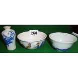 18th c. Chinese blue and white porcelain tea bowl, another with painted chickens and a miniature