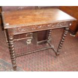 Victorian oak side table with drawer above barley twist legs and stretchers