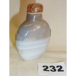 Chinese banded agate snuff bottle with carved lozenges to sides