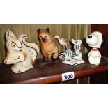 Russian USSR china zebra figure, a tin-glazed earthenware squirrel, a nodding painted Snoopy figure,