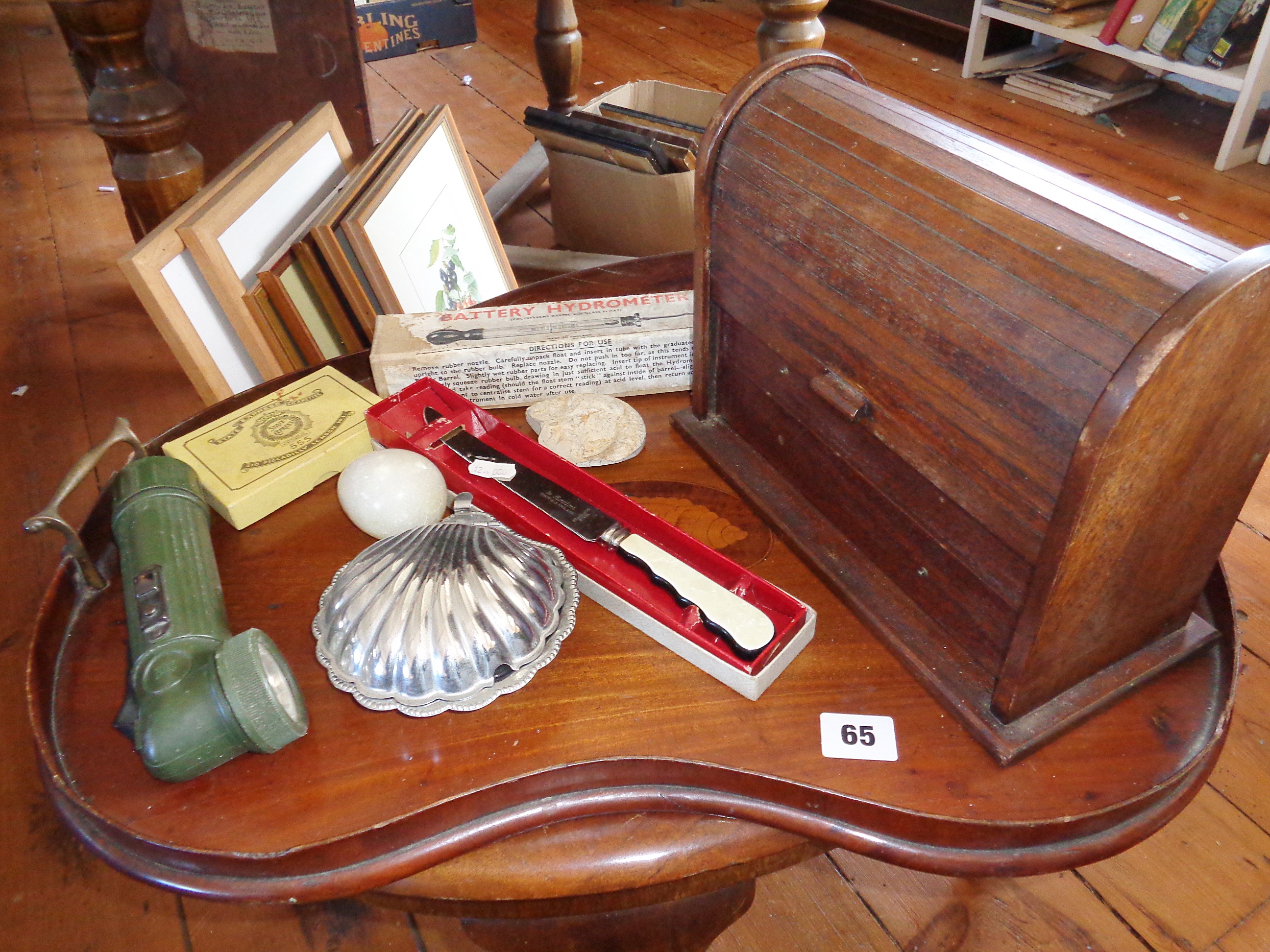 Edwardian inlaid Butler's tray, stationery box with tambour cover, etc.