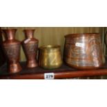 Pair Islamic silver inlaid copper vases, similar vessel and a middle eastern brass pot