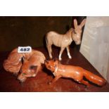 Beswick animals - Donkey Foal 2110, small fox and curled up fox 1017