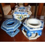 Chinese blue and white inkwell, another similar and a tin glazed Continental inkstand with floral