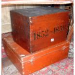 Victorian wooden deed box having dates 1852-1856 written on front and another box