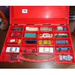 A Matchbox carry case with assorted Matchbox cars and trucks